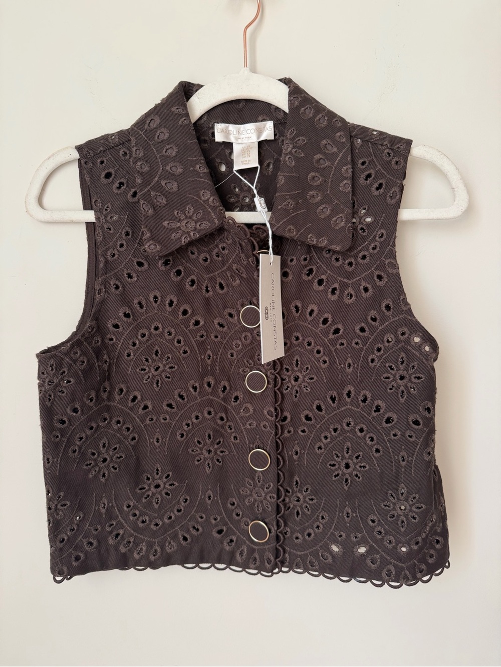 Caroline Constas Brown embroidered Sleeveless cotton button up Top
